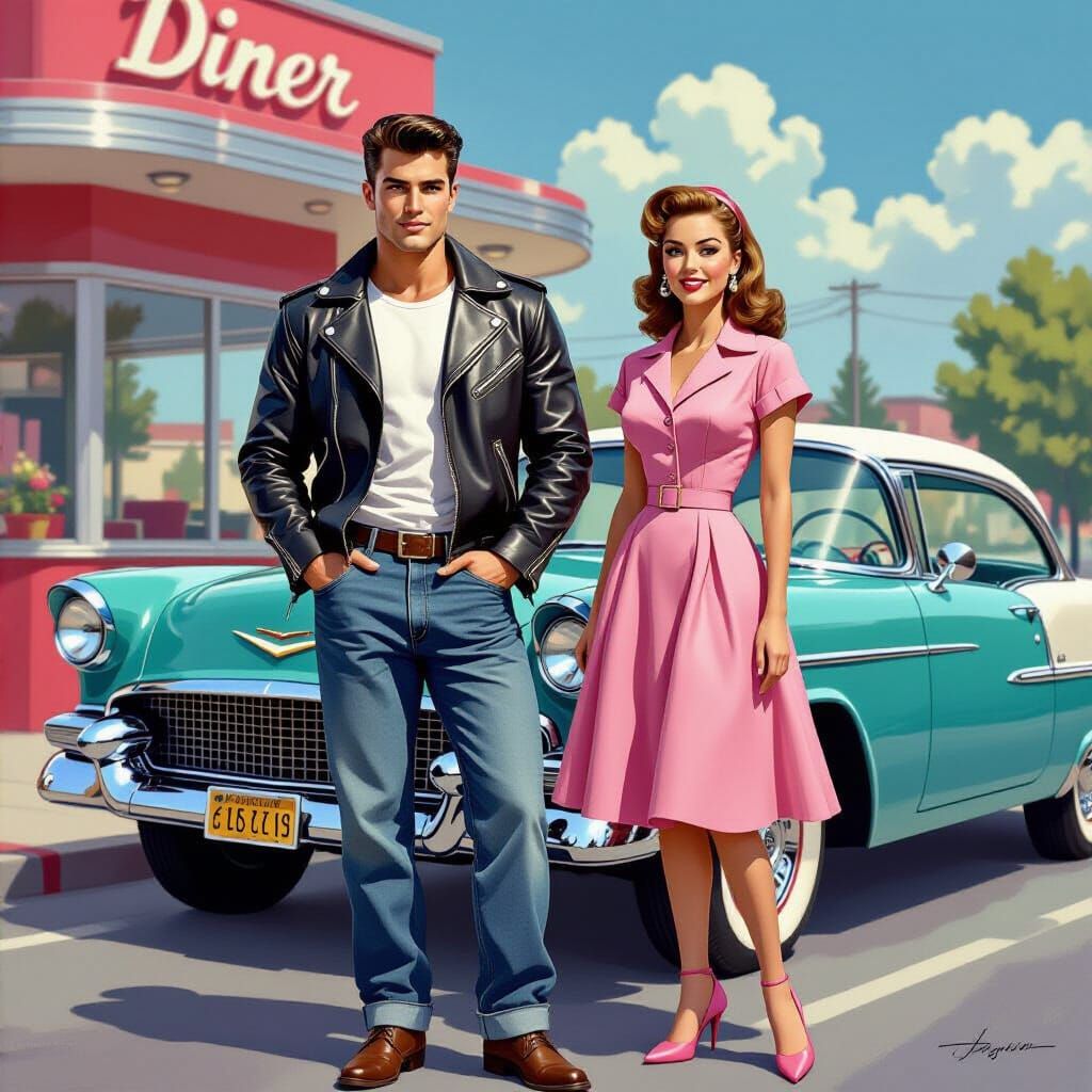 1950s Greaser Couple at a Diner, Watercolor Style