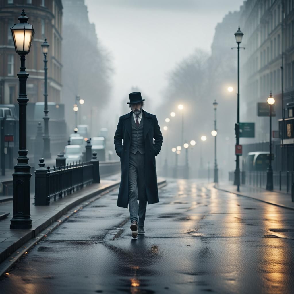 MR. hyde walking on a misty road in London.   Epic cinematic brilliant stunning intricate meticulously detailed dramatic...