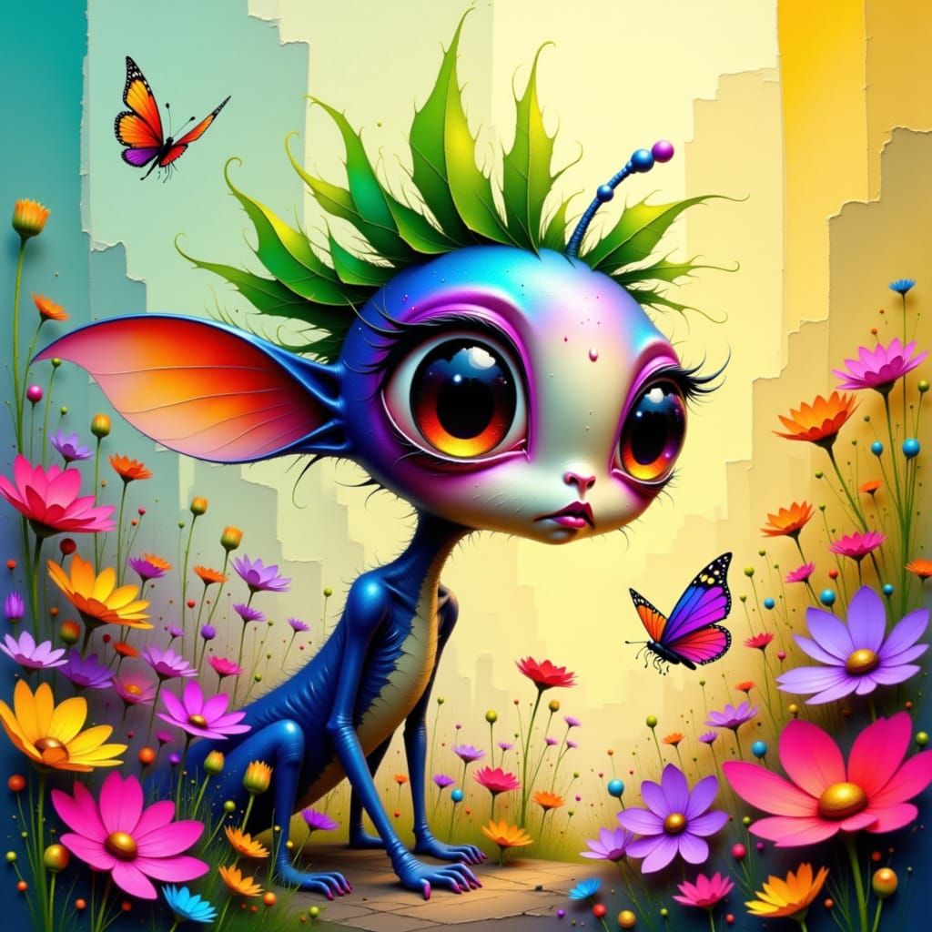 Alien Creature Chasing Butterfly in Floral Field
