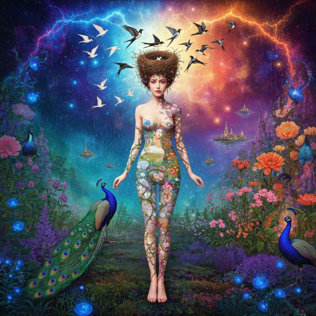 Ethereal Woman Transforms into Iridescent Birds in Cosmic Ga...
