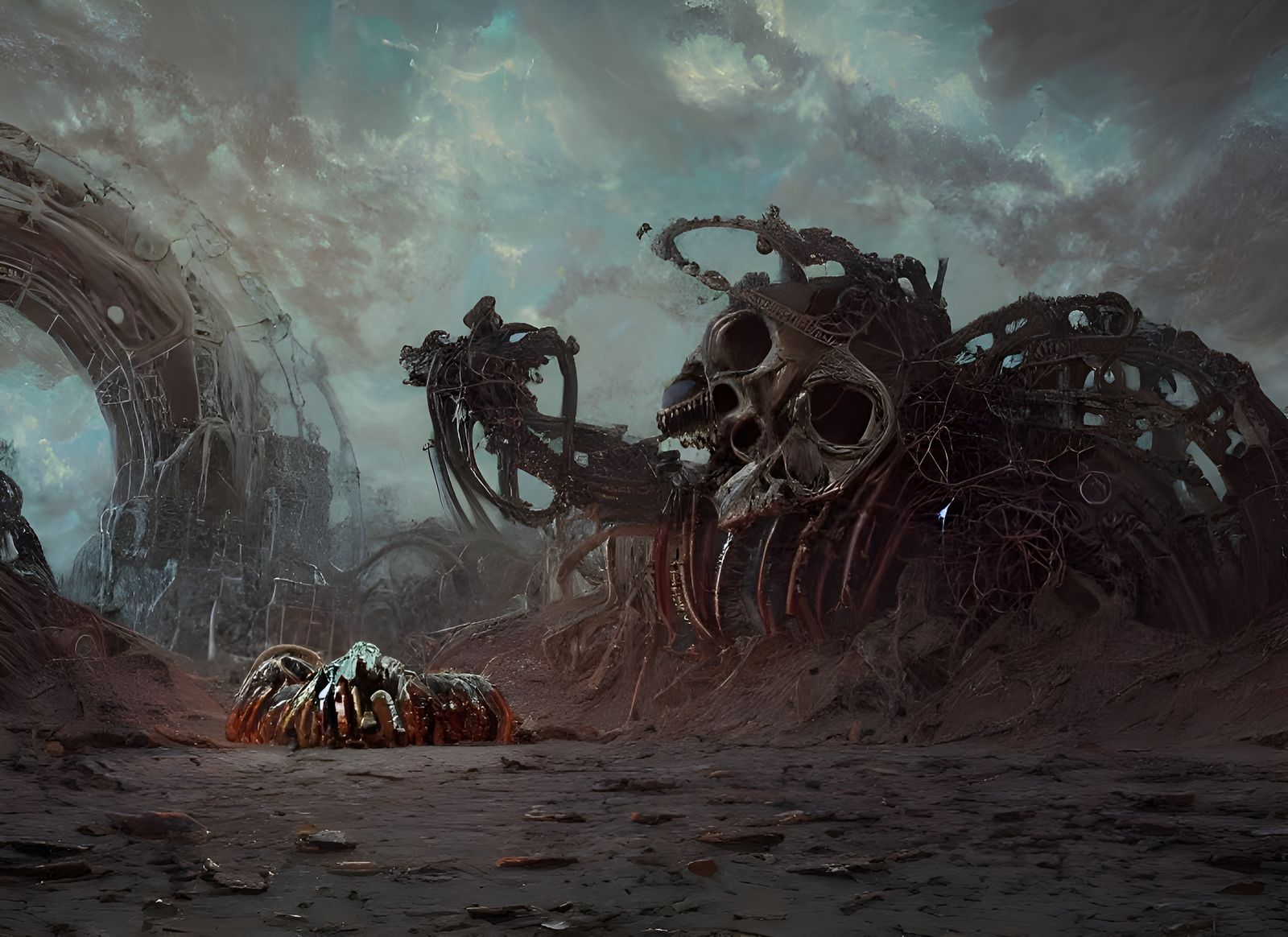 Retrofuturistic Mechanical Skulls in Desert Landscape