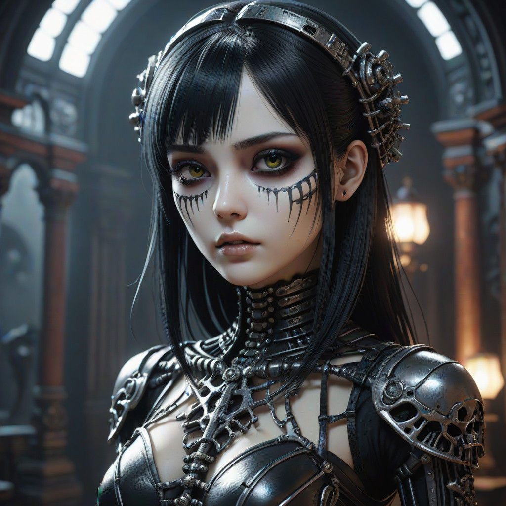 Gothic Anime Portrait with Emo Girl and Dark Mystical Symbol...