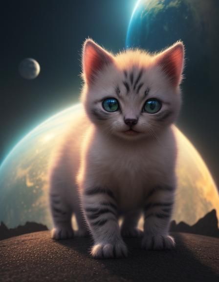 Hyperrealistic Luminous Kitten with Exotic Planet