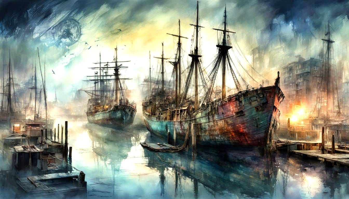 Twilight Harbor Scene in Watercolor Style
