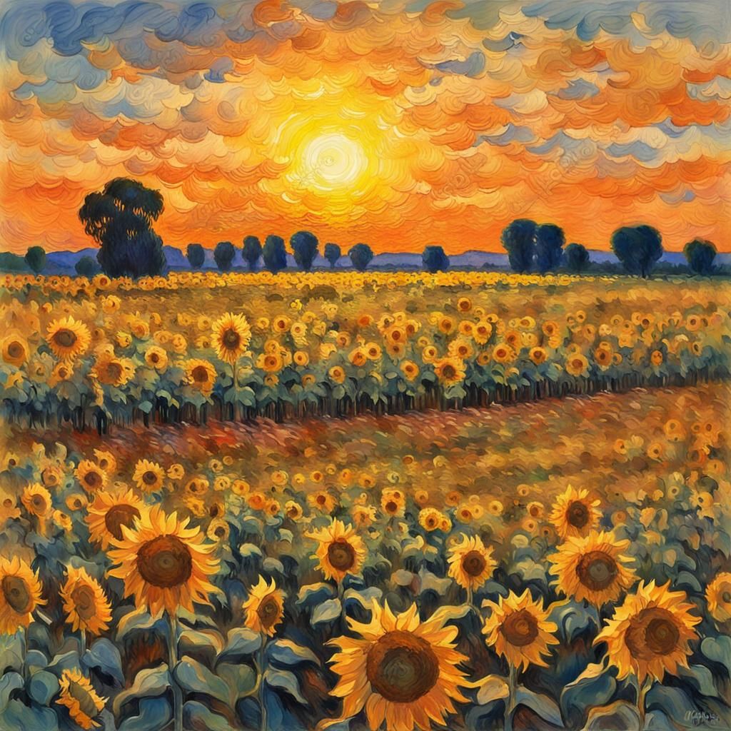 Sunflowers Field: Impressionist Gouache Ink Drawing