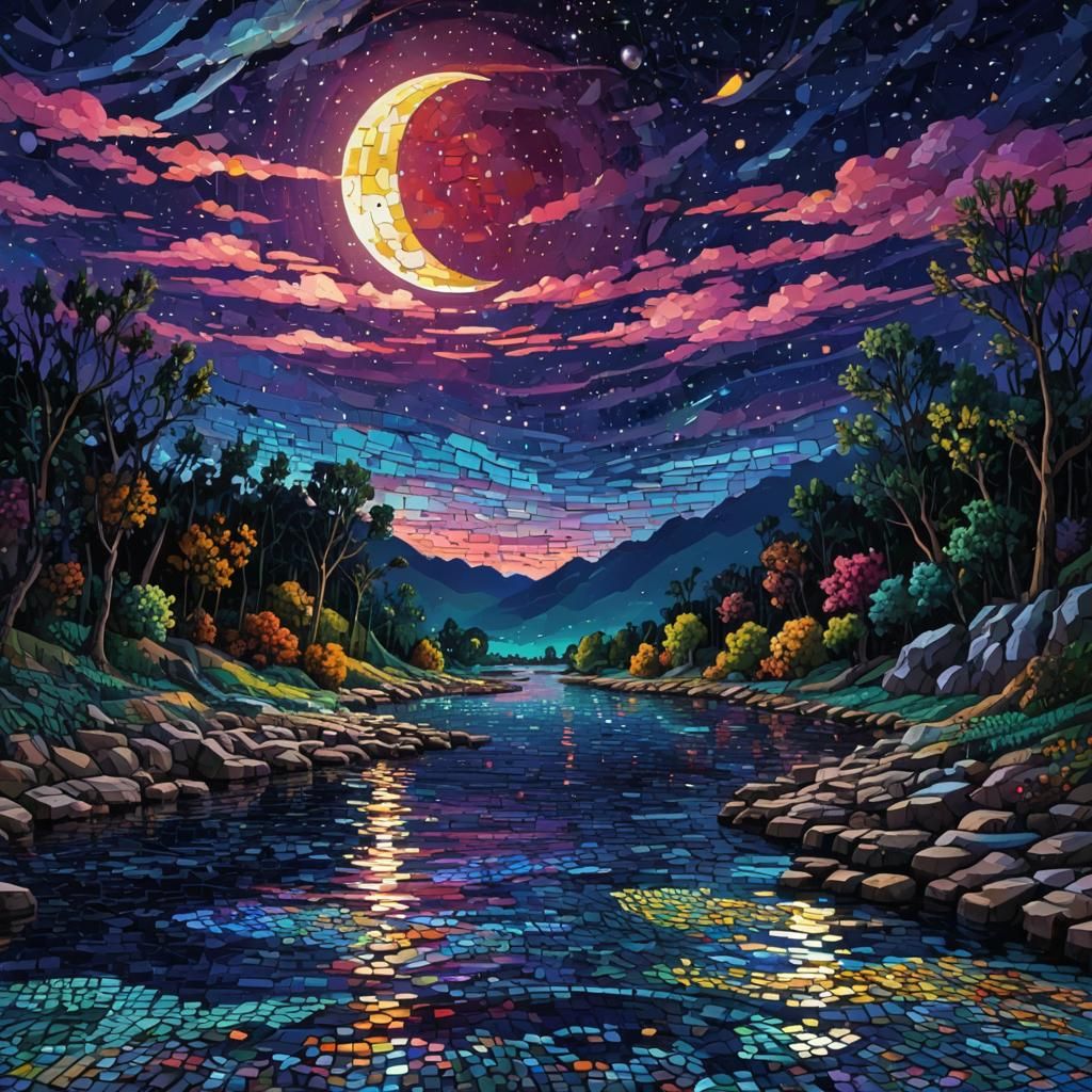 Pixelated Mosaic of a Moonlit River in 8-bit Style