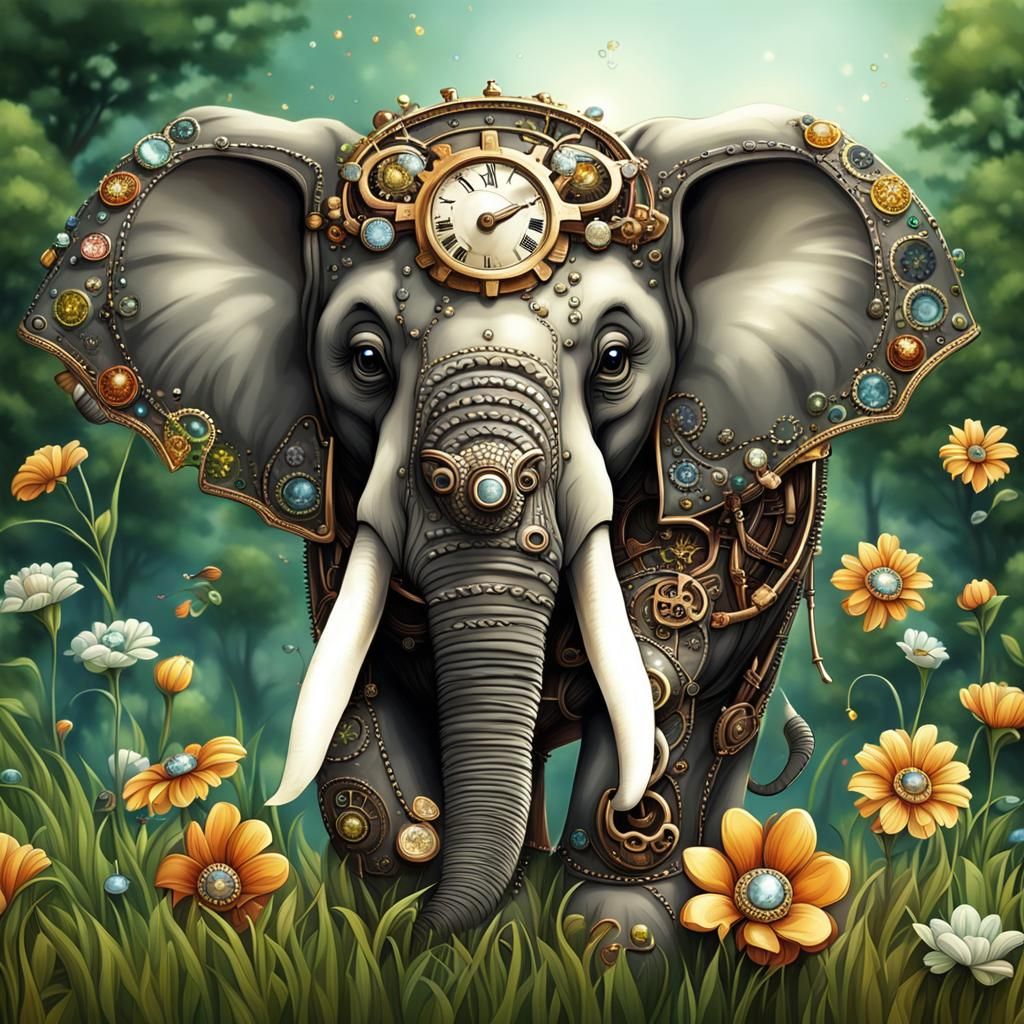 Steampunk Elephant Cub in Gem-Studded Meadow