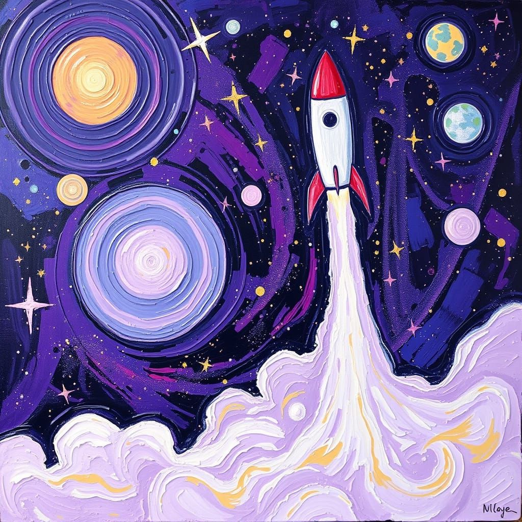 Rocket Soaring Through Space: An Impasto Oil Painting