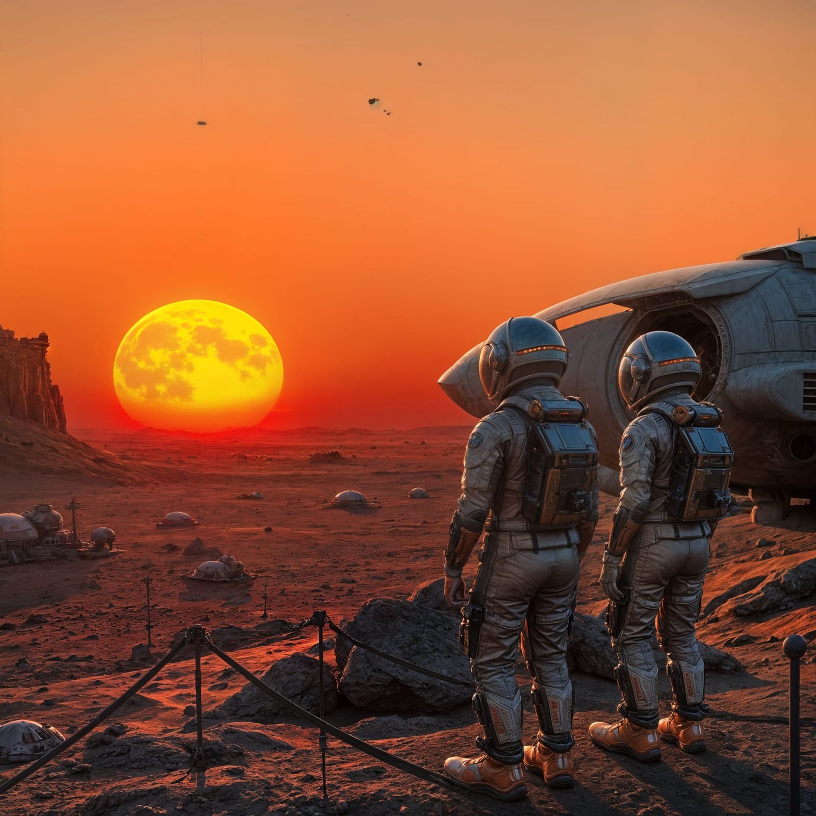 Futuristic Spaceship Lands on Mars Colony at Sunset