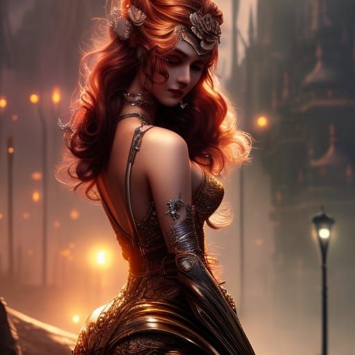 Steampunk Fairy with Flowing Hair in Detailed Ink Drawing