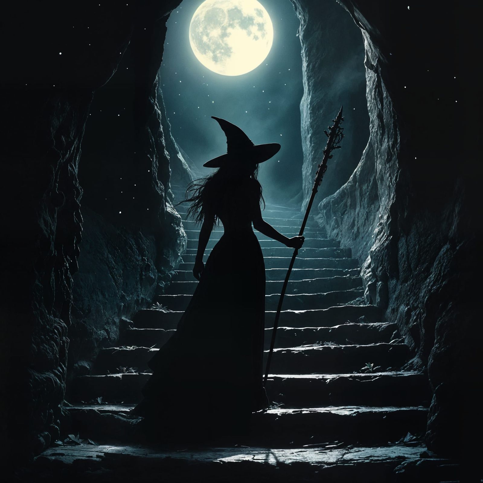 Moonlit Witch Descending Magical Staircase