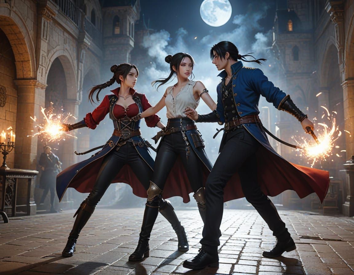 Anime Vampire King Showdown in Moonlit Castle Courtyard