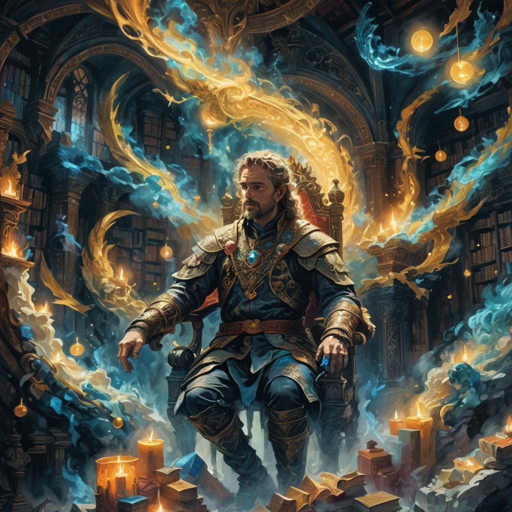 Geoff on Throne in Mystical Library: Oil Painting