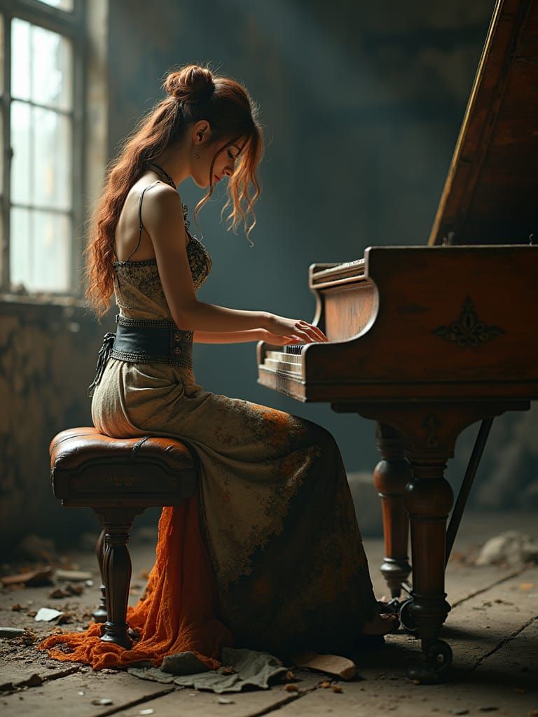 Post-Apocalyptic Pianist in Detailed Concept Art Style