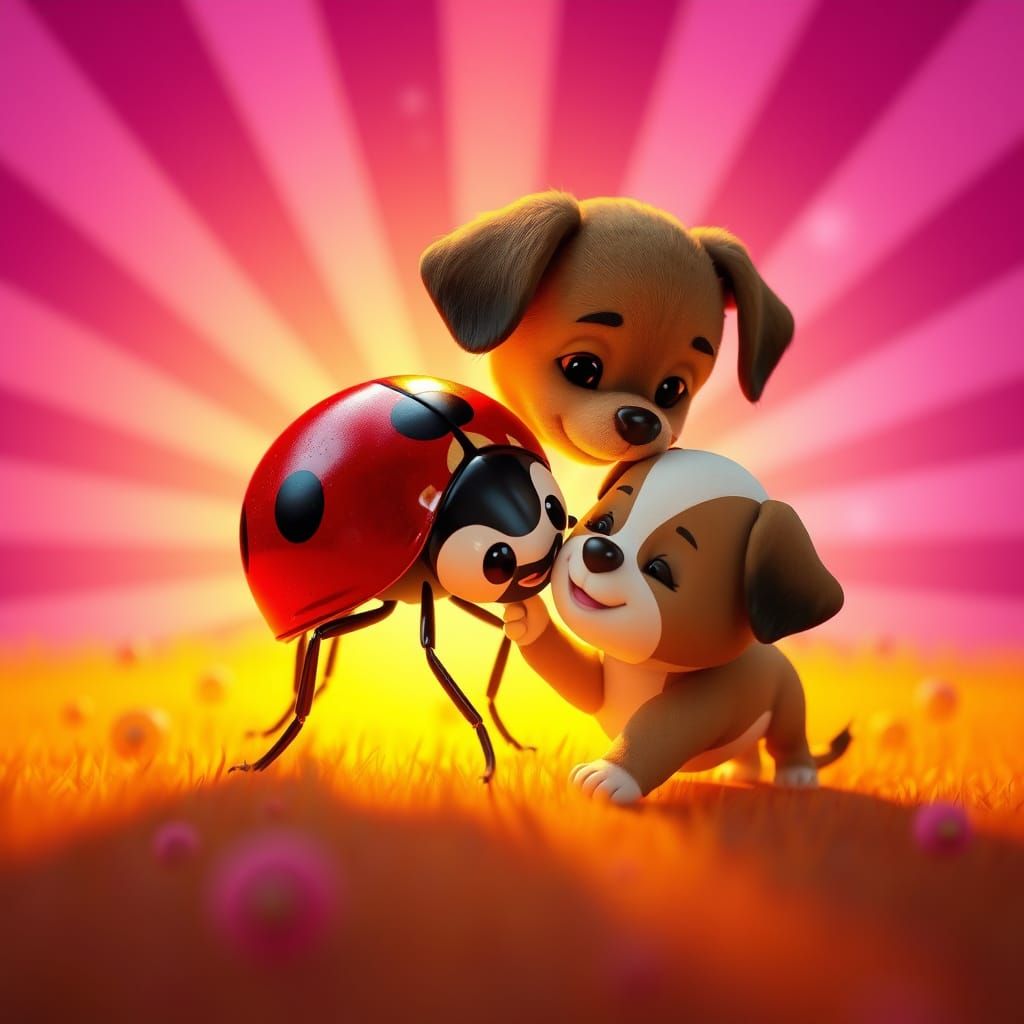 Ladybug and Puppy in Whimsical Pixar-Inspired Wonderland