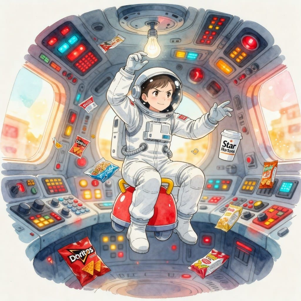 Humorous Anime Astronaut Changing Lightbulb in Space