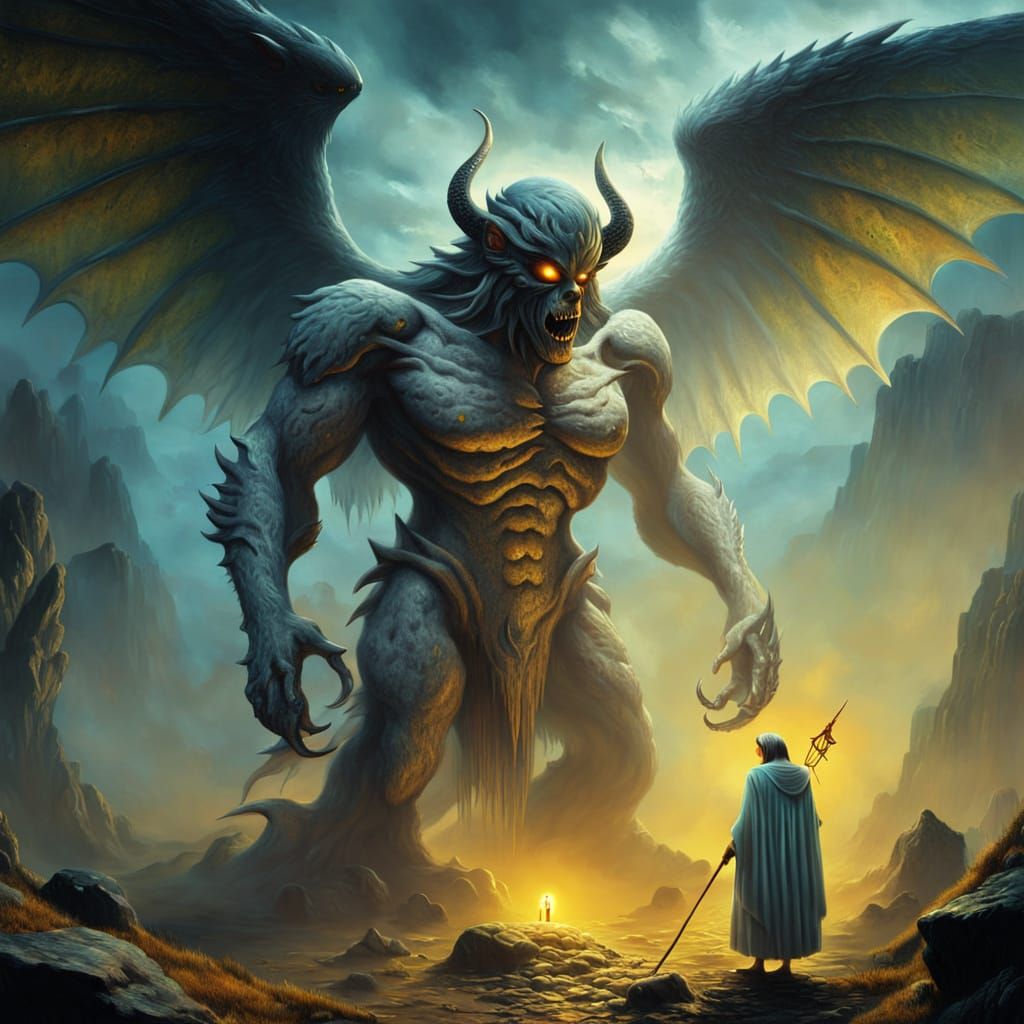 Surreal Monster and Angel in Dark Landscape
