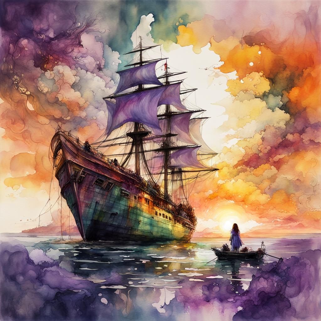 Pirate Ship Under Attack by Octopus, Digital Watercolor