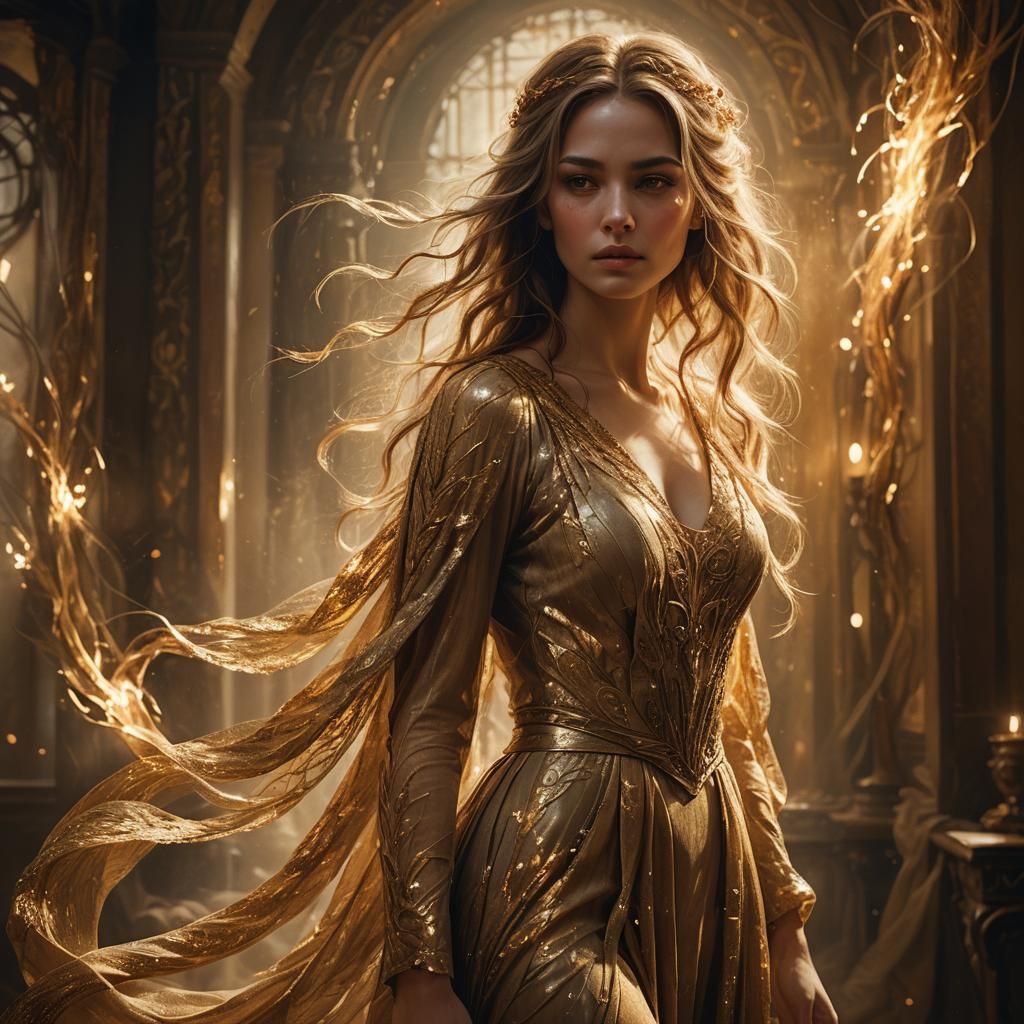 Captivating Fantasy Woman in Golden Light, Detailed Art