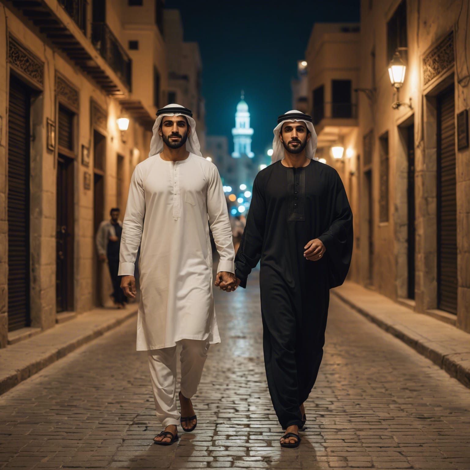 Two Handsome Men Walking in Arab City at Night