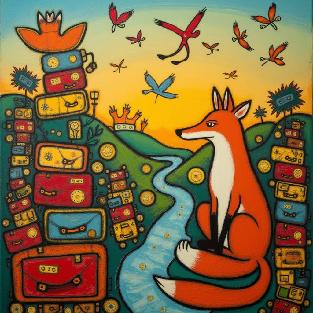 <lora:Colourific:1.0> A surreal landscape, relaxed fox, where hills are formed by stacks of vintage suitcases, and river...