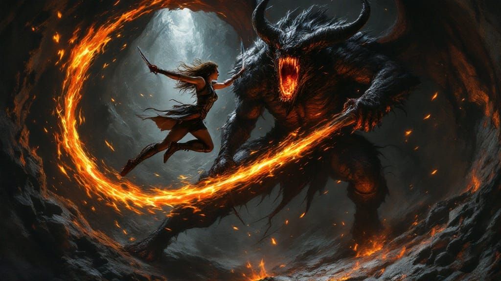 Fantasy Female Thief Battles Balrog in Dark Underground Cave...