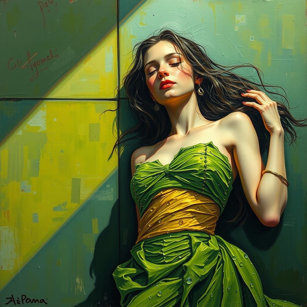 Woman Dreaming on Balcony in Expressionist Impasto Style