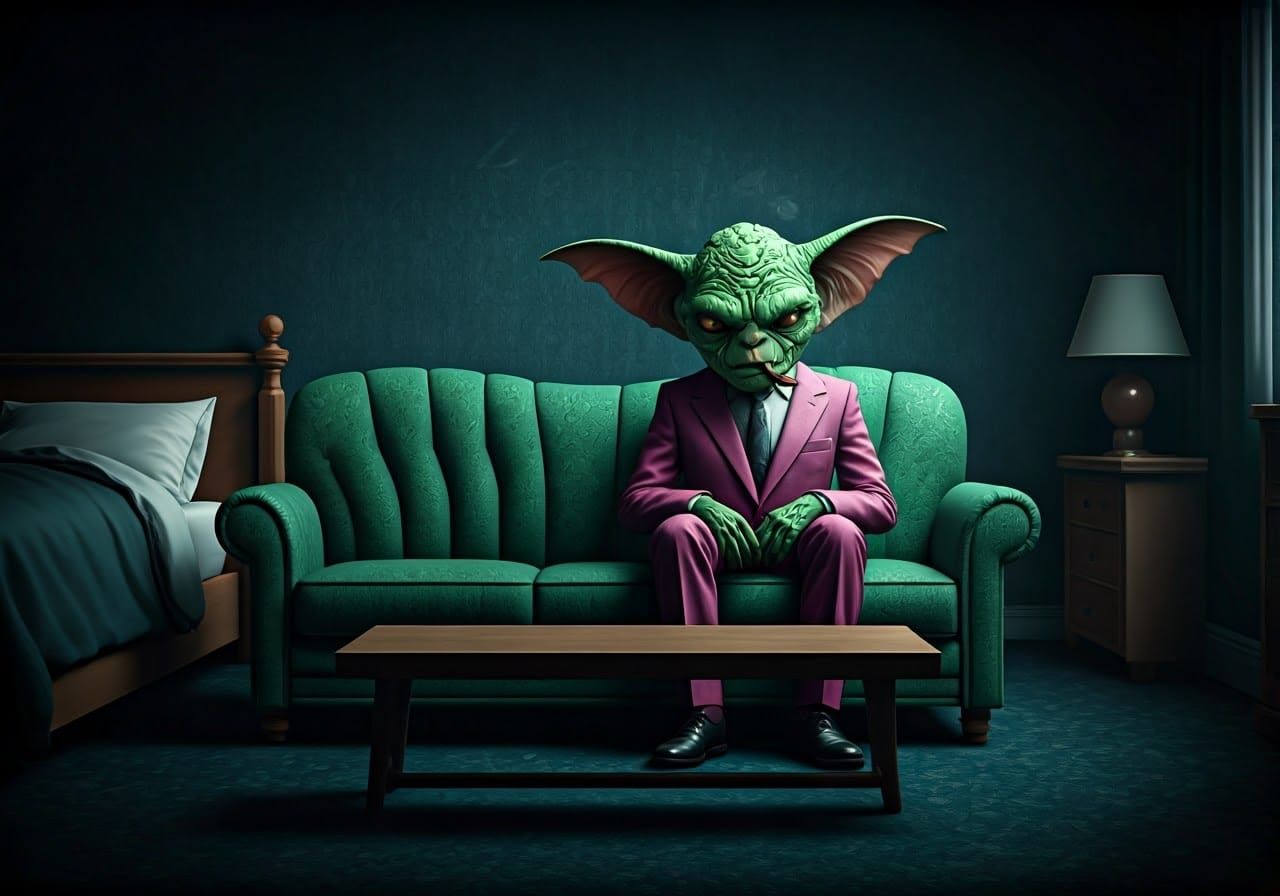 Green Creature in Pink Suit Smoking Cigar