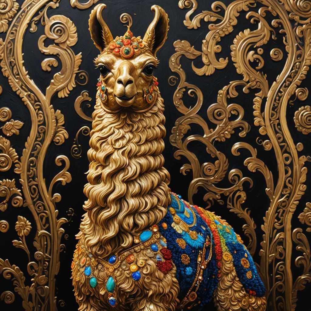 Luxurious Oil Painting of a Golden Llama Statue in a Dark, O...
