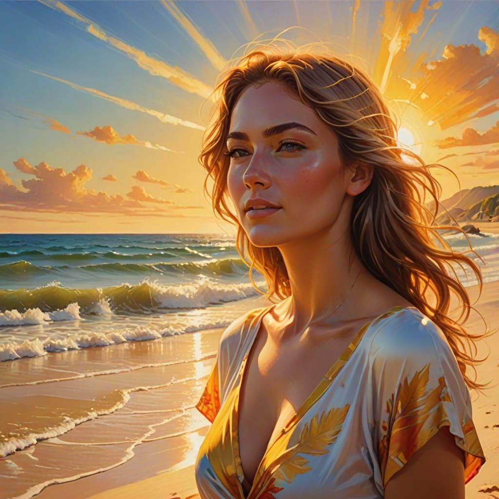 Vibrant Oil Painting of Woman Enjoying Sunny Beach Day