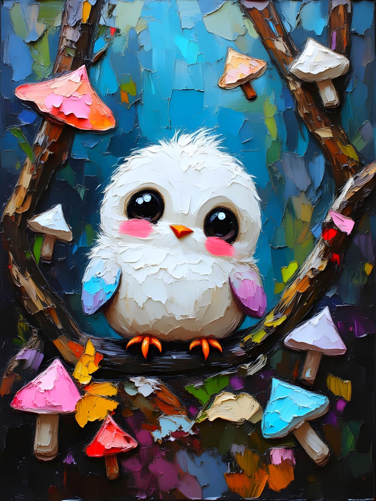 Cute Bird in Surreal Forest as Impasto Painting