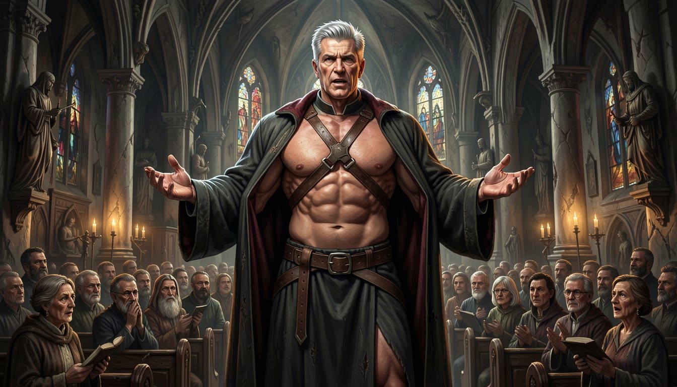 Muscular Priest Preaching in Dark Fantasy Style