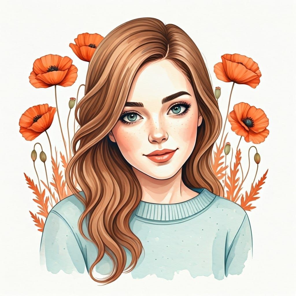 Watercolor Portrait of Woman with Poppies