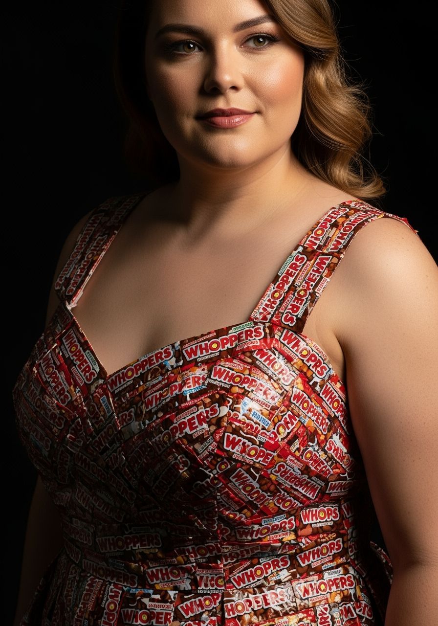 Woman in Whopper Wrapper Dress with Dramatic Lighting