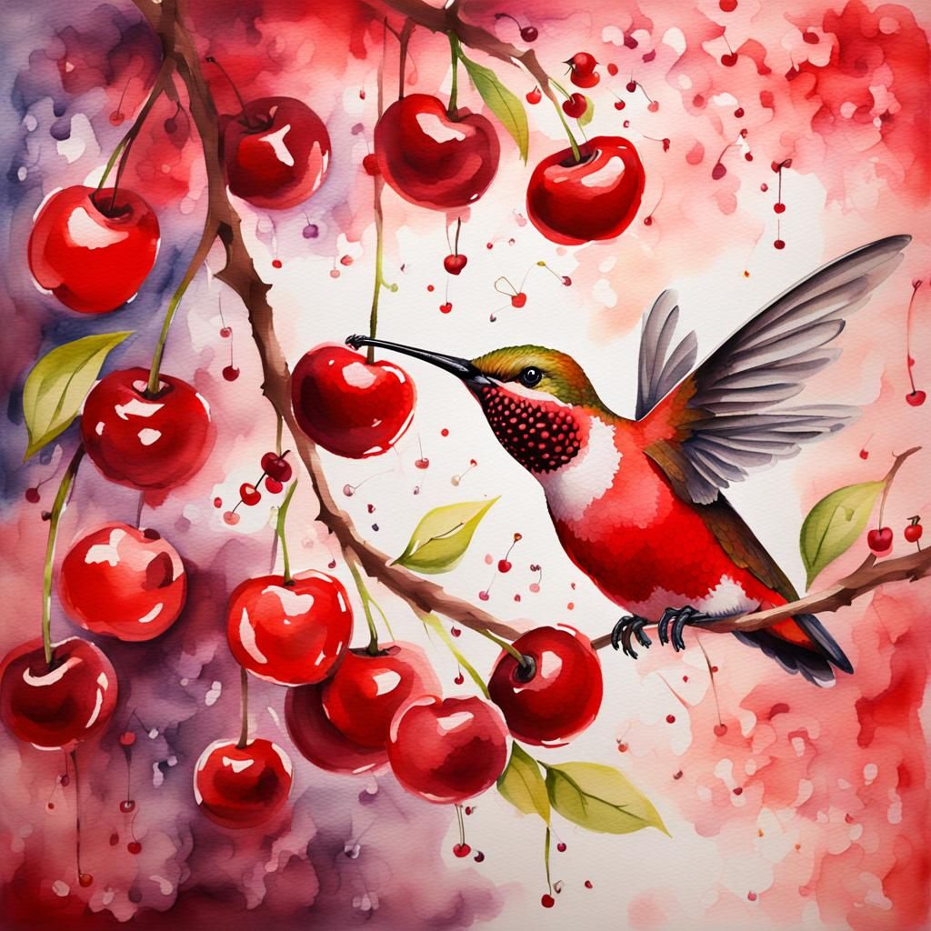Hummingbird Sipping Cherry Juice: Watercolor Painting