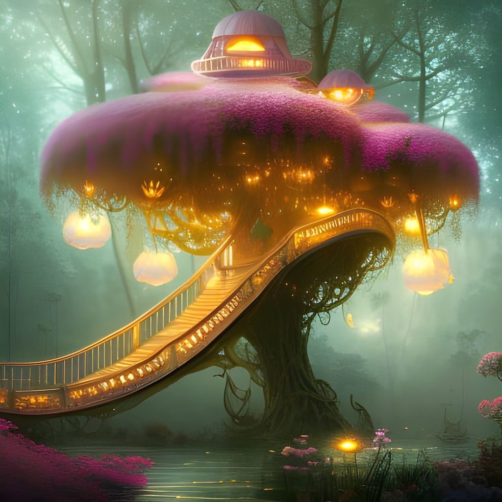 Floral Princess Treehouse Digital Illustration