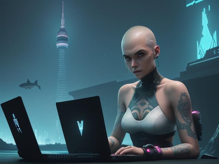 Cyberpunk Woman Codes Underwater with Dog