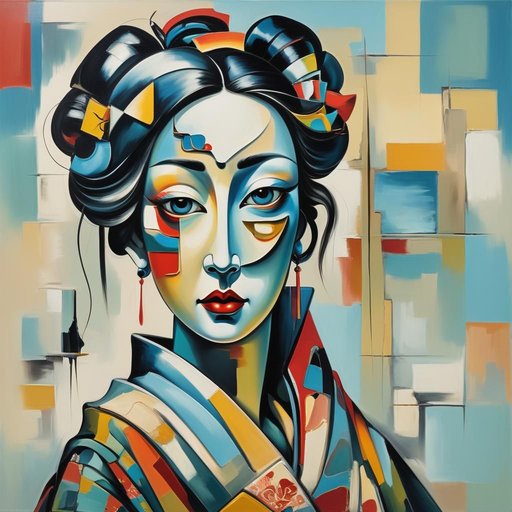 Cubist Geisha Painting in Bold Colors