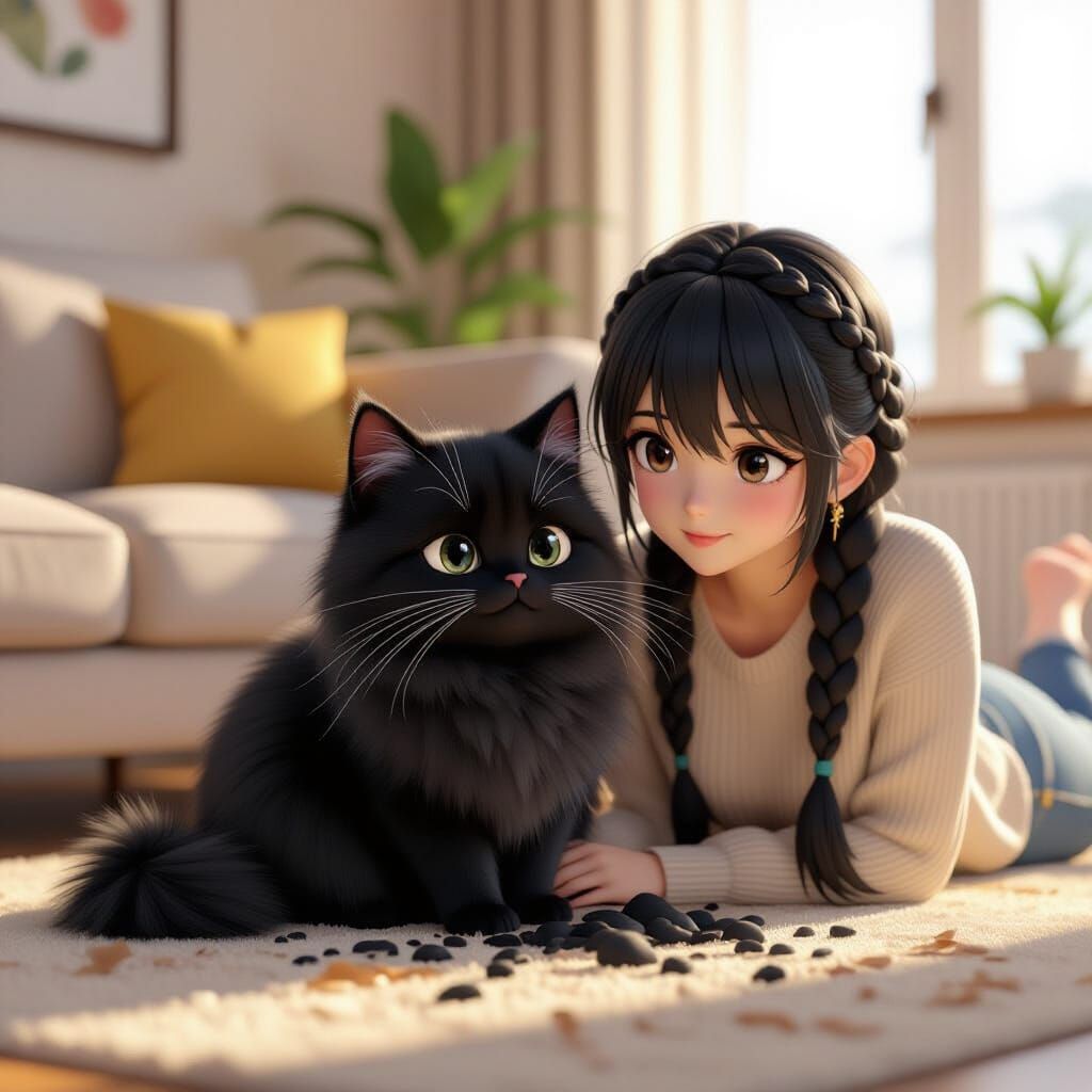 Guilty Cat Seeks Comfort Next to Woman in 3D Anime Style