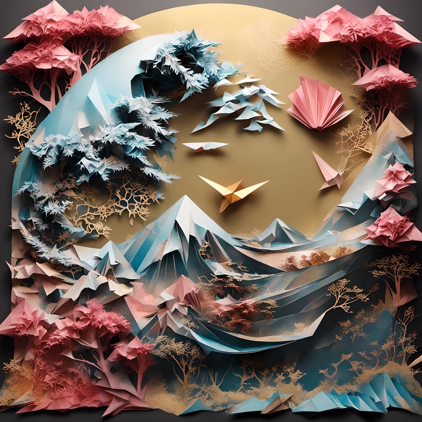 yay, finally! "folded origami paper only!!!! folded paper only origami beautiful japanese fantasy world" 🌊🌕🌋🌸