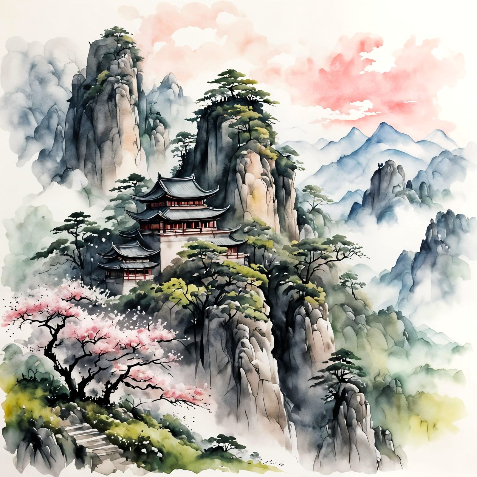 Ancient Mountain Temple Watercolor Painting in Soft Sunrise