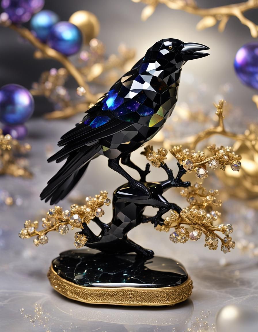Iridescent Black Crystal Crow Figurine on Gold Branch