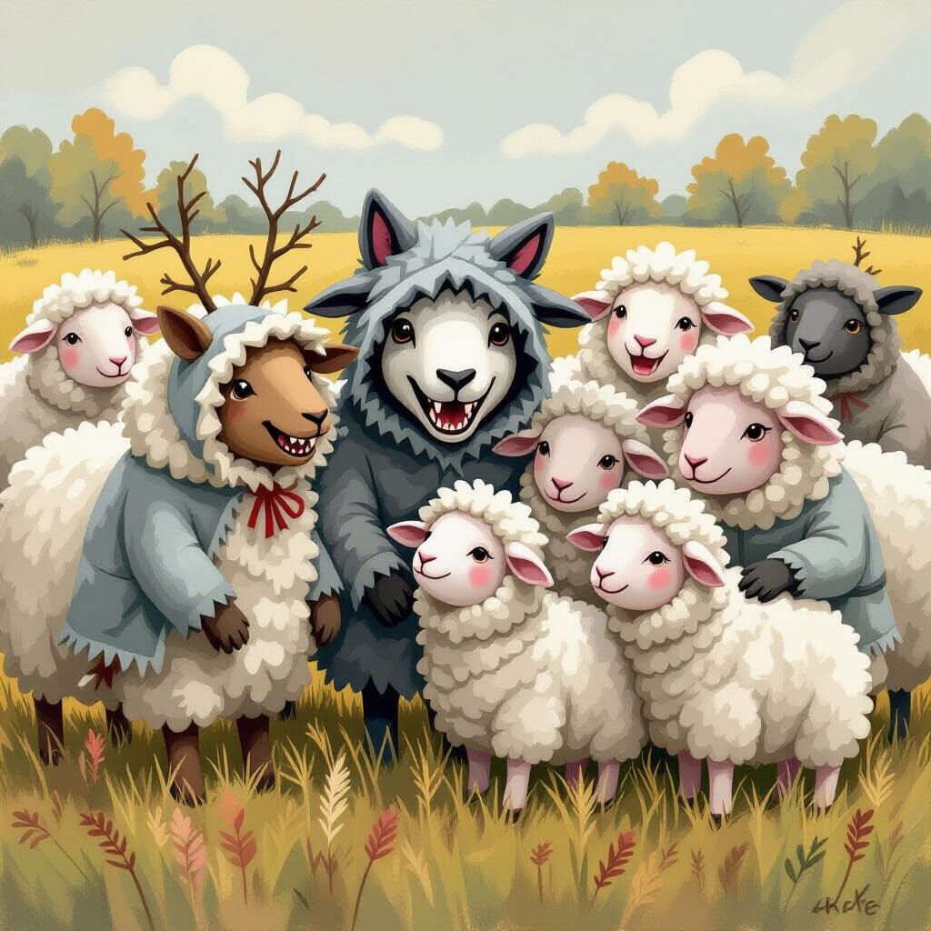Fluffy Sheep in Folk Art Wolf Costumes