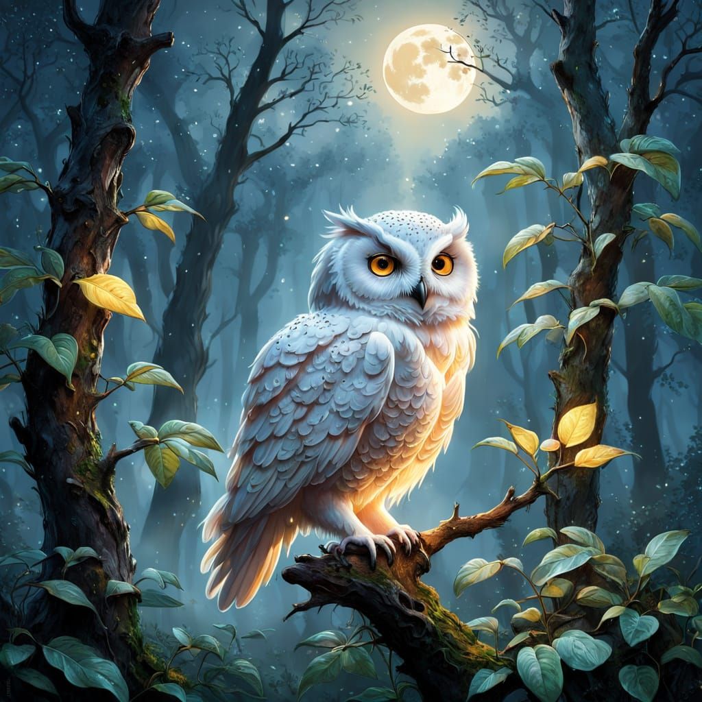 Whimsical Fantasy Landscape with a Majestic Owl in Oil Paint...