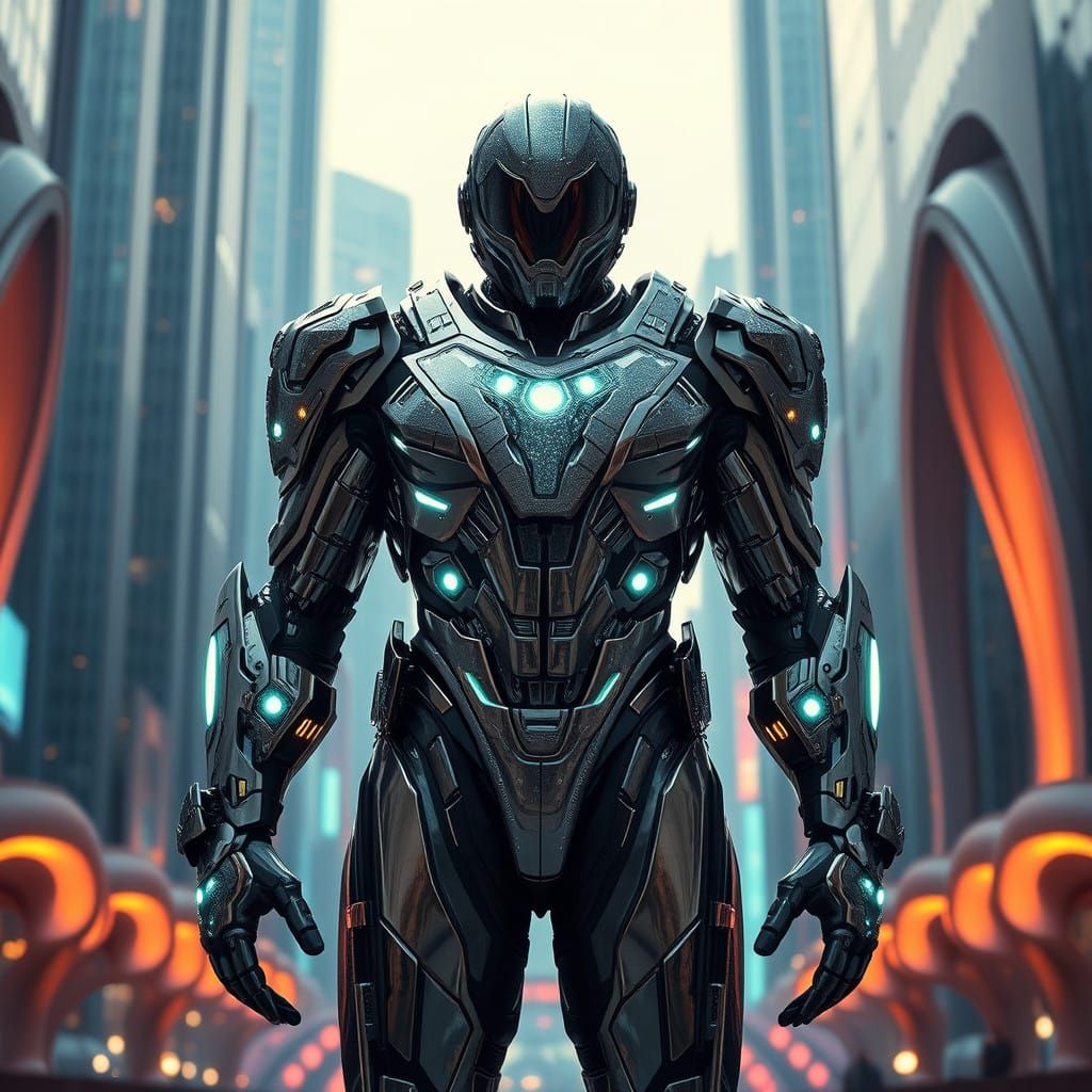 Bio Mech Suit Superhero Dominates Futuristic Cityscape in Hi...