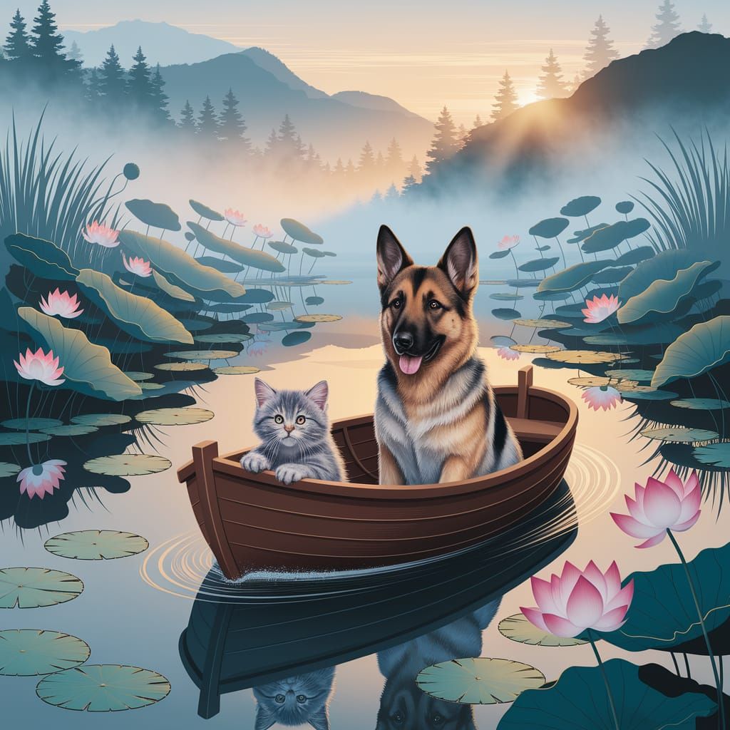 Whimsical Friendship on a Serene Lotus Pond