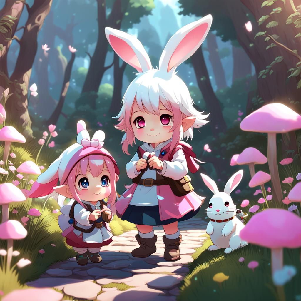 Fantasy Gnome and Rabbit in Anime Style