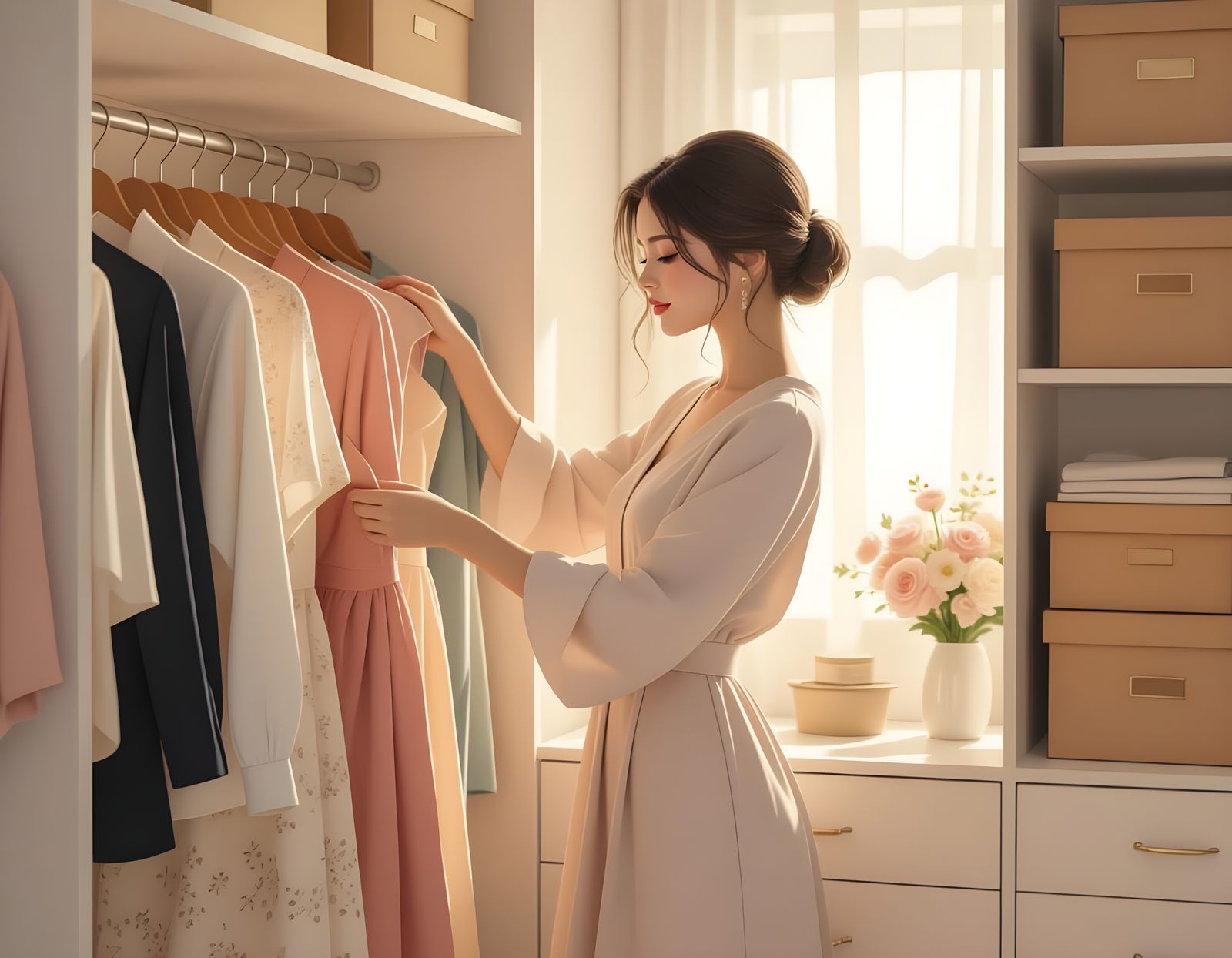 Woman Organizes Clothes in Dressing Room with Wardrobe Boxes