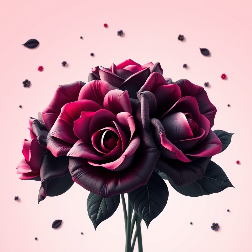 A high-quality digital illustration of a graphic-style bouquet of black and pink roses with pink accents. The roses have...