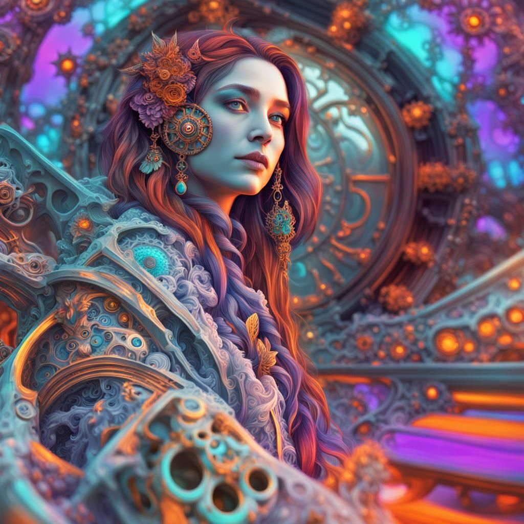 Fractal Woman Portrait with Steampunk Accents